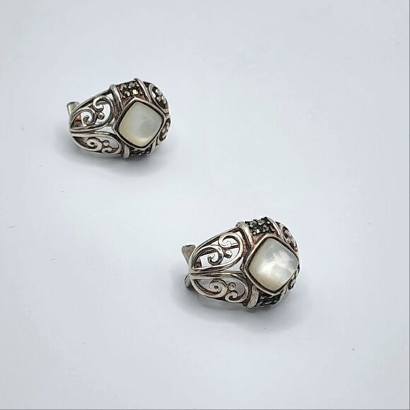 Vintage signed Sterling silver marcasite mother of pearl fillagree earrings